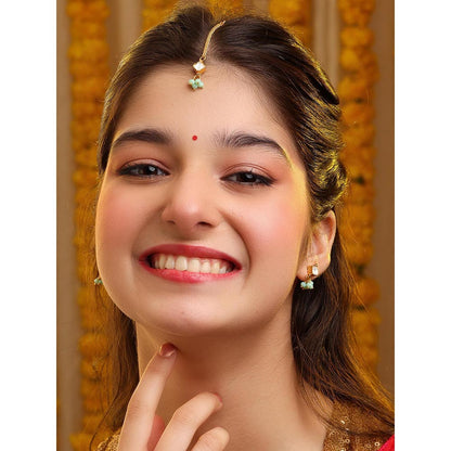 Ruby Raang Studio Set Of Pastel Green Maang Tikka with Earrings