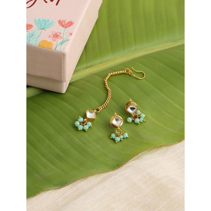 Ruby Raang Studio Set Of Pastel Green Maang Tikka with Earrings