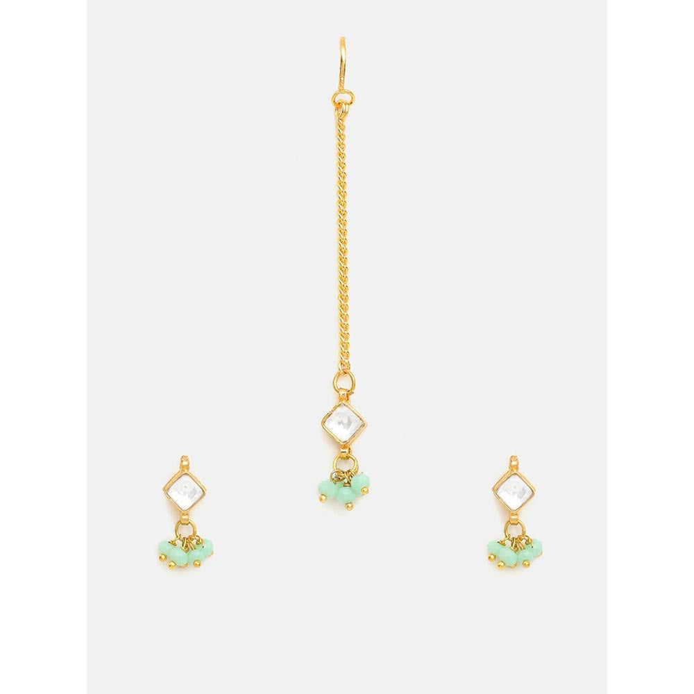 Ruby Raang Studio Set Of Pastel Green Maang Tikka with Earrings