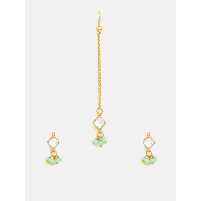 Ruby Raang Studio Set Of Pastel Green Maang Tikka with Earrings