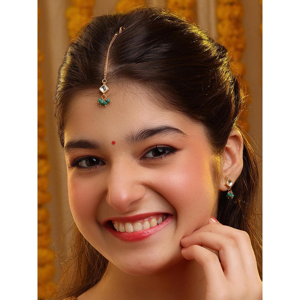 Ruby Raang Studio Gold-White Earrings with Maang Tikka