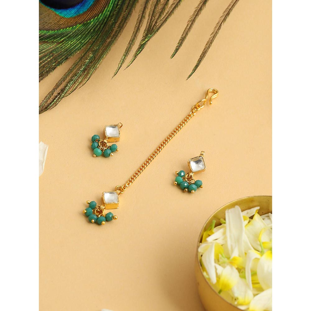 Ruby Raang Studio Gold-White Earrings with Maang Tikka