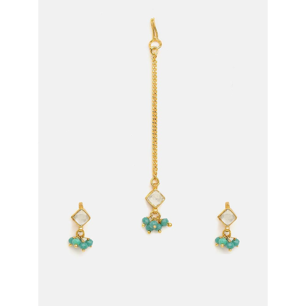 Ruby Raang Studio Gold-White Earrings with Maang Tikka