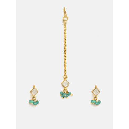 Ruby Raang Studio Gold-White Earrings with Maang Tikka