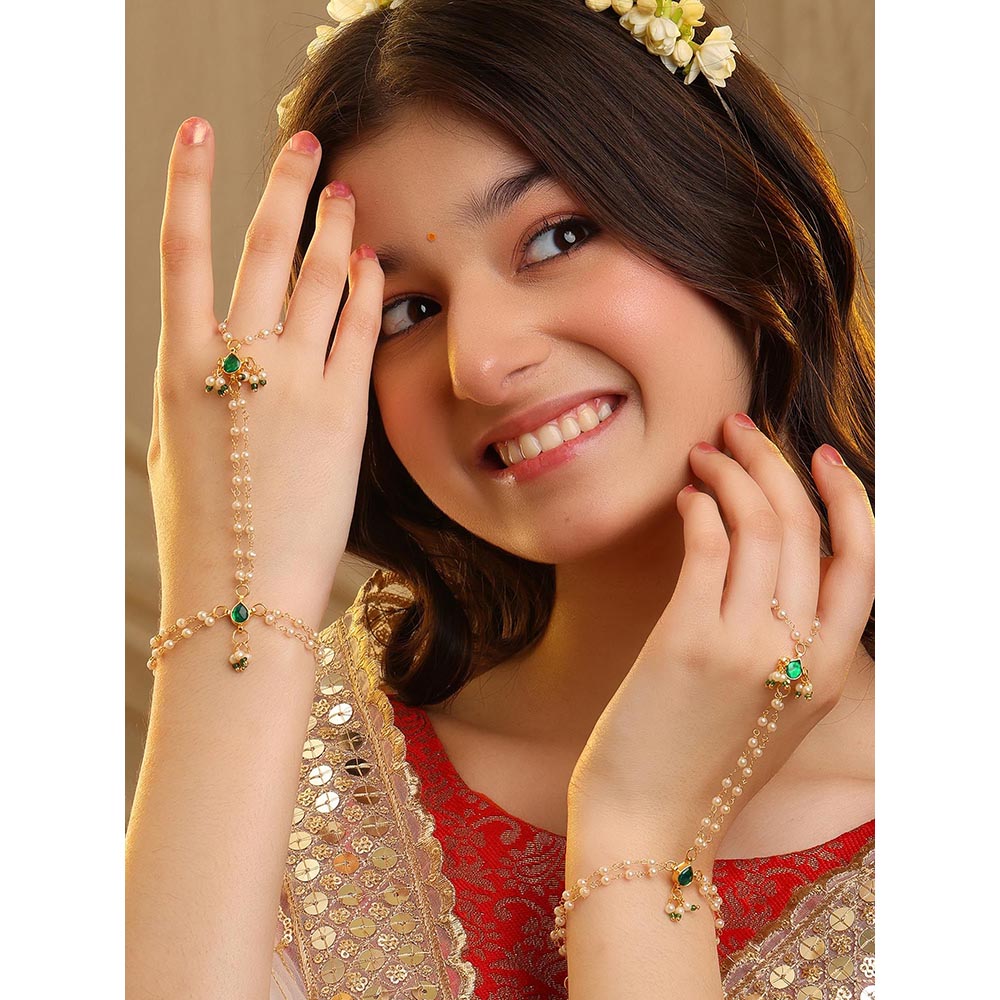 Ruby Raang Studio Green White Kundan Pearls Hand Harness