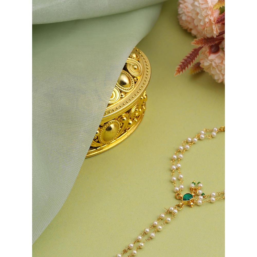 Ruby Raang Studio Green White Kundan Pearls Hand Harness