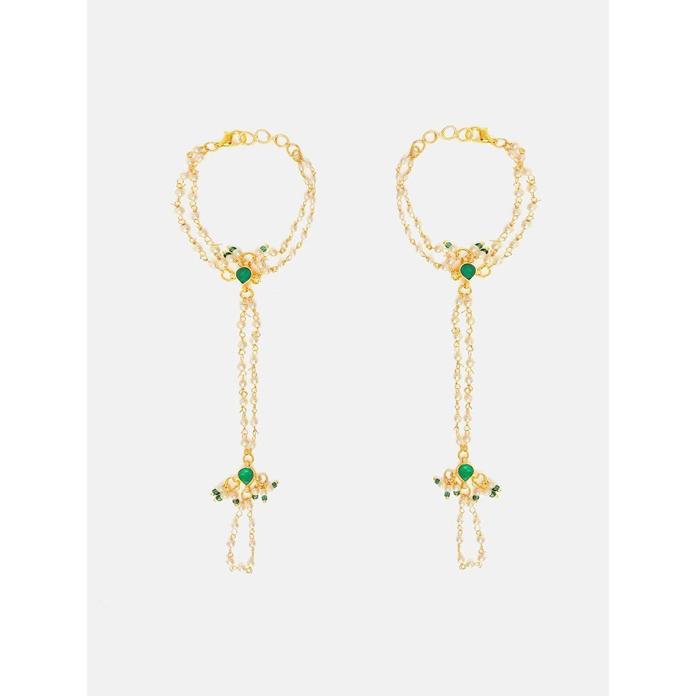 Ruby Raang Studio Green White Kundan Pearls Hand Harness