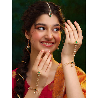 Ruby Raang Studio Green Aura Kundan Earrings with Maang Tikka and Hand Harness