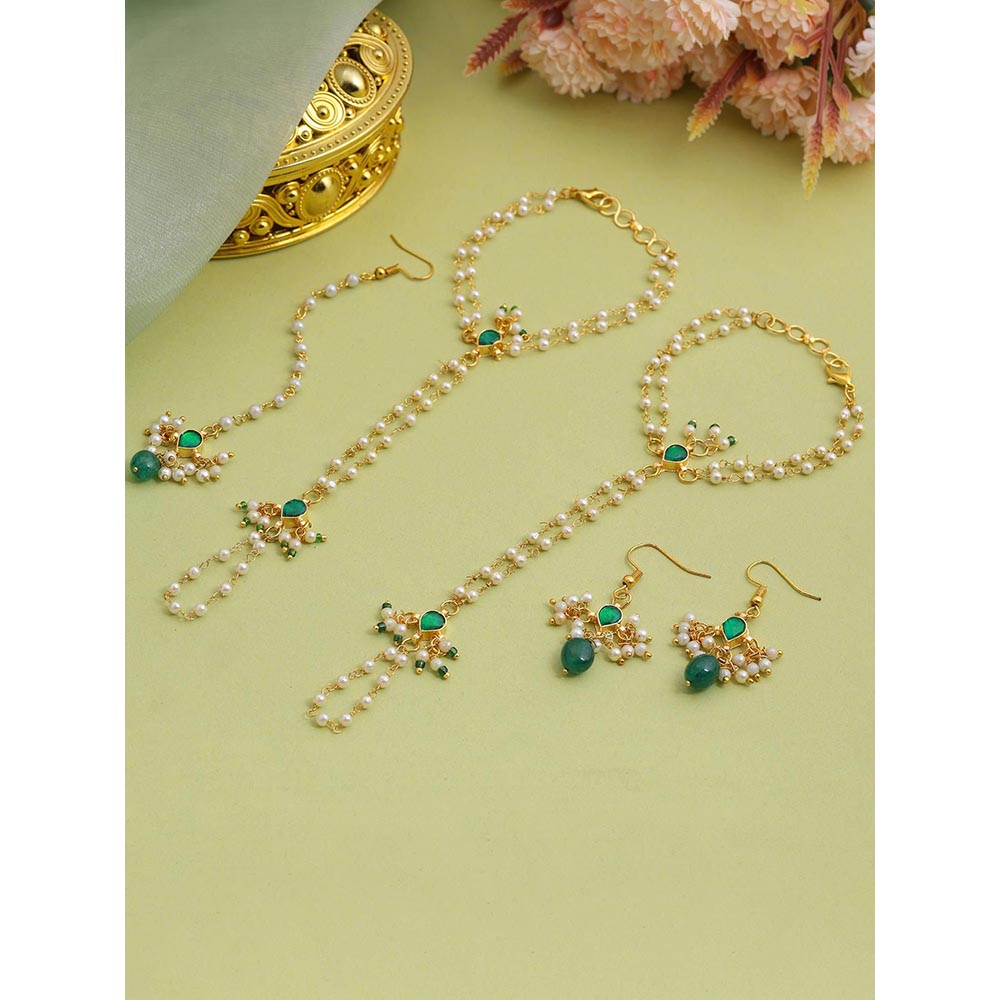 Ruby Raang Studio Green Aura Kundan Earrings with Maang Tikka and Hand Harness