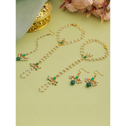 Ruby Raang Studio Green Aura Kundan Earrings with Maang Tikka and Hand Harness