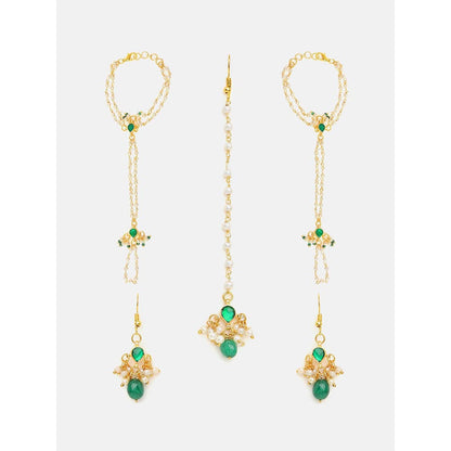 Ruby Raang Studio Green Aura Kundan Earrings with Maang Tikka and Hand Harness