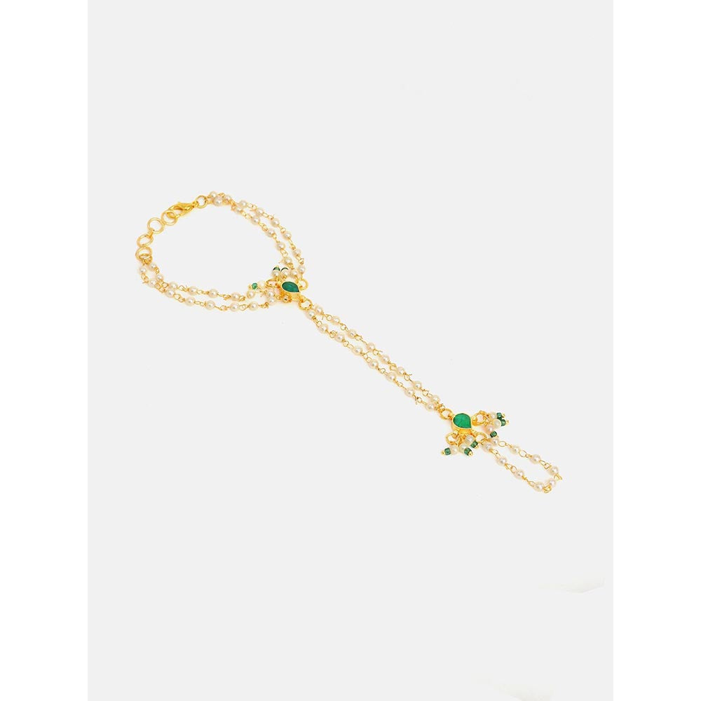 Ruby Raang Studio Green Aura Kundan Earrings with Maang Tikka and Hand Harness