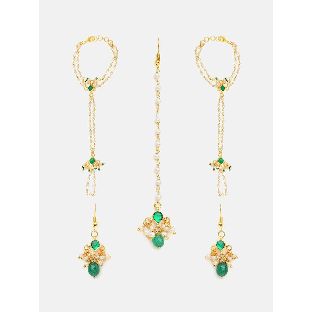 Ruby Raang Studio Green Aura Kundan Earrings with Maang Tikka and Hand Harness