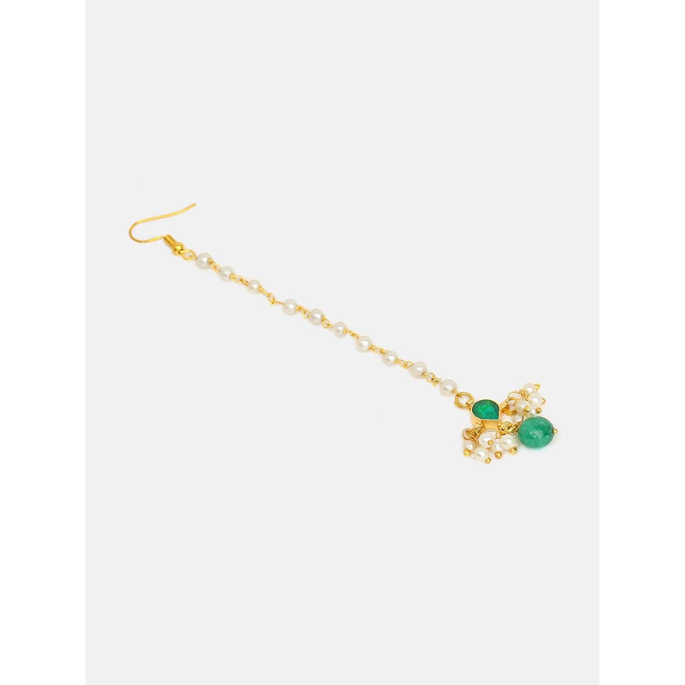 Ruby Raang Studio Green Aura Kundan Earrings with Maang Tikka and Hand Harness