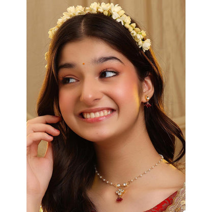 Ruby Raang Studio Kundan Pearl Beaded Red Necklace with Earrings