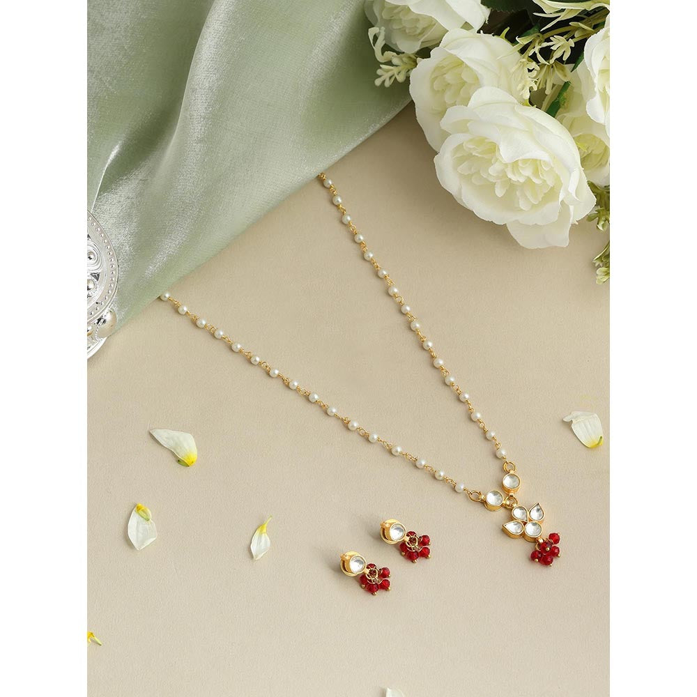 Ruby Raang Studio Kundan Pearl Beaded Red Necklace with Earrings