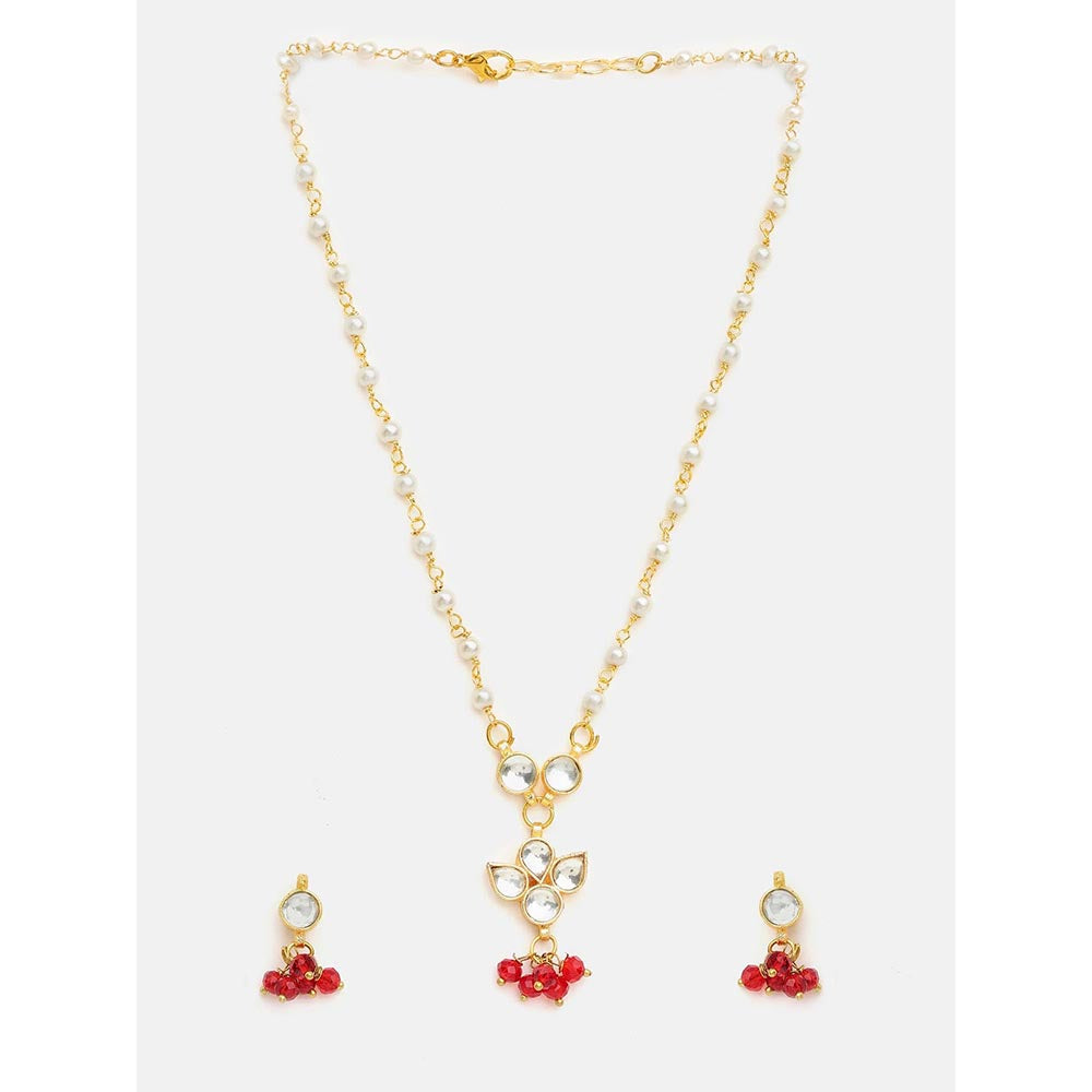 Ruby Raang Studio Kundan Pearl Beaded Red Necklace with Earrings