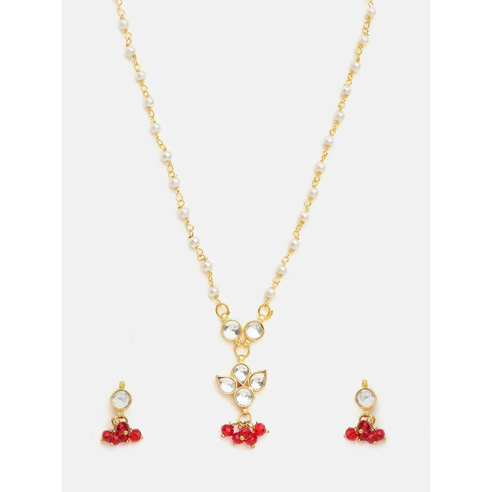 Ruby Raang Studio Kundan Pearl Beaded Red Necklace with Earrings