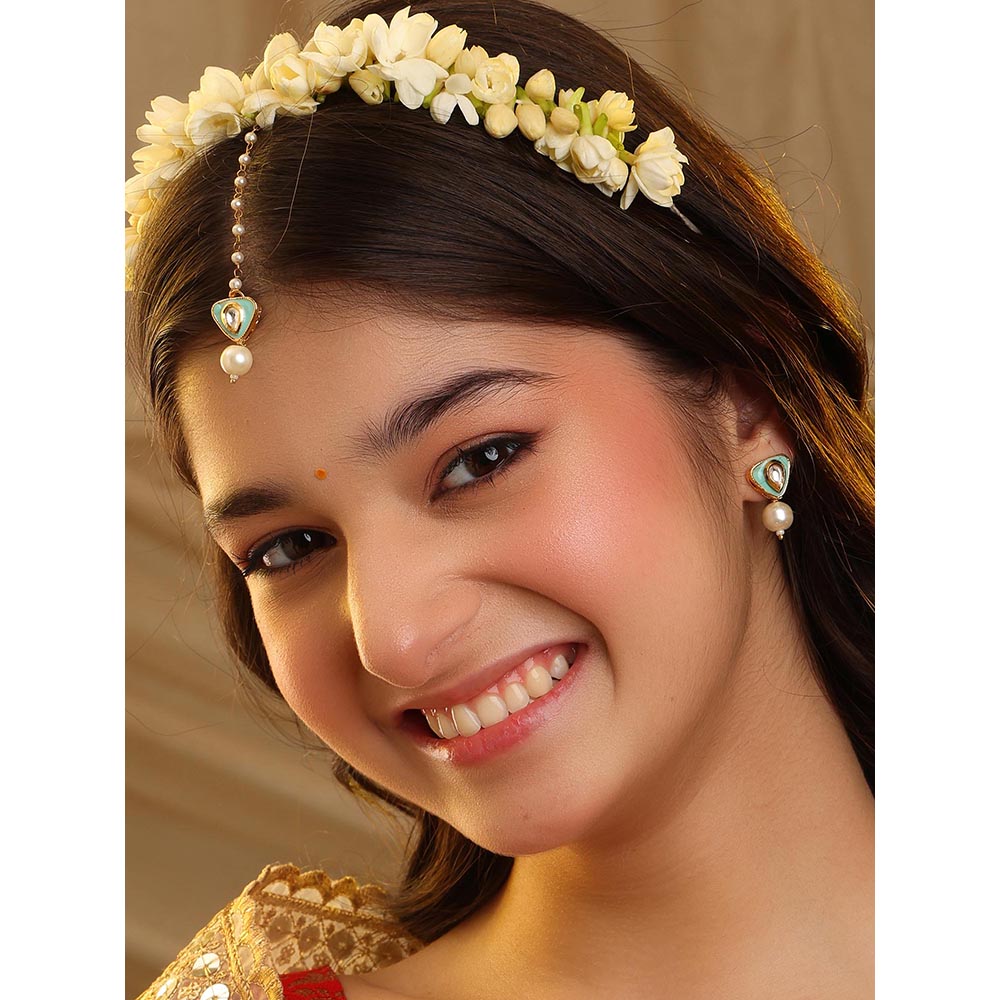 Ruby Raang Studio Saanjh Pearl Kundan Blue Earrings with Maang Tikka