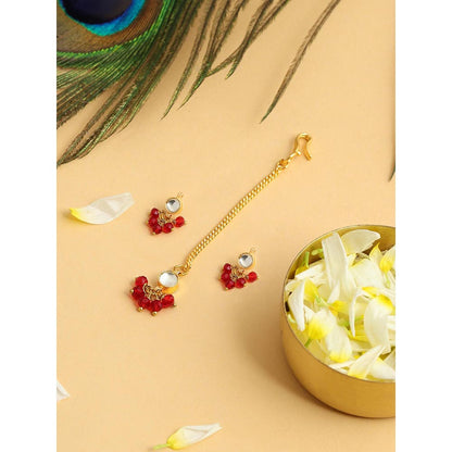 Ruby Raang Studio Noor-E-Laal Pearl Red Kundan Earrings with Maang Tikka
