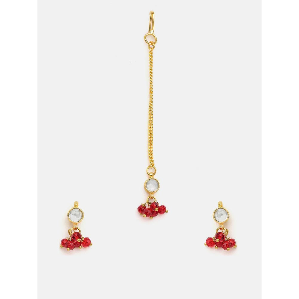 Ruby Raang Studio Noor-E-Laal Pearl Red Kundan Earrings with Maang Tikka