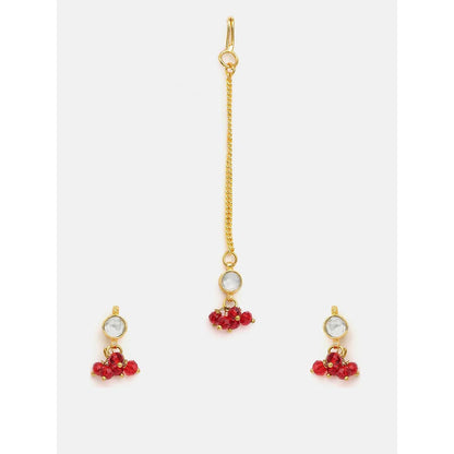 Ruby Raang Studio Noor-E-Laal Pearl Red Kundan Earrings with Maang Tikka