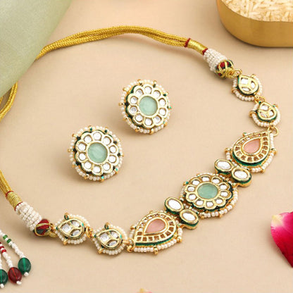 Ruby Raang Studio Multi-Color Kundan Necklace with Earrings