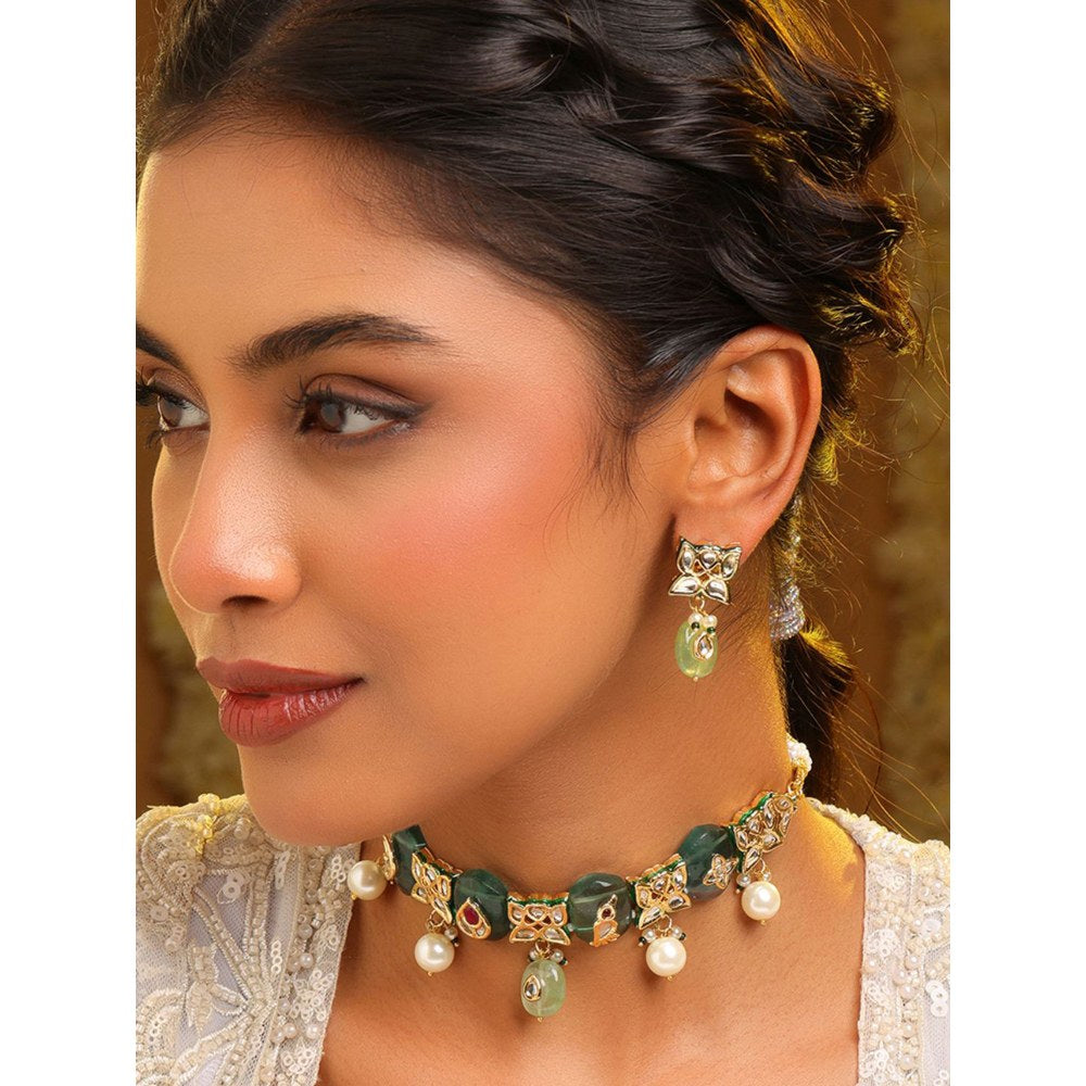 Ruby Raang Studio Antique Kundan Stone Work Kundan Necklace with Earrings