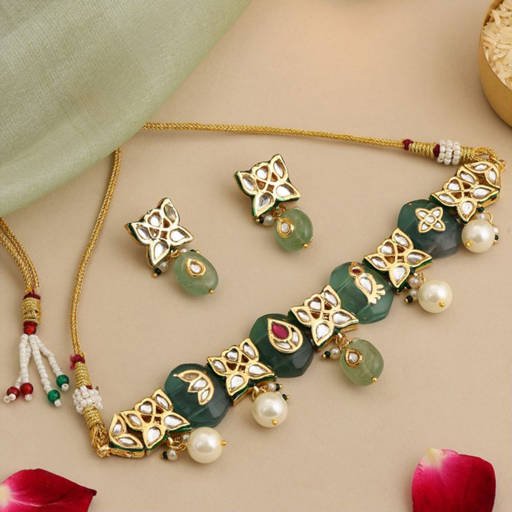 Ruby Raang Studio Antique Kundan Stone Work Kundan Necklace with Earrings