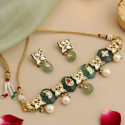 Ruby Raang Studio Antique Kundan Stone Work Kundan Necklace with Earrings