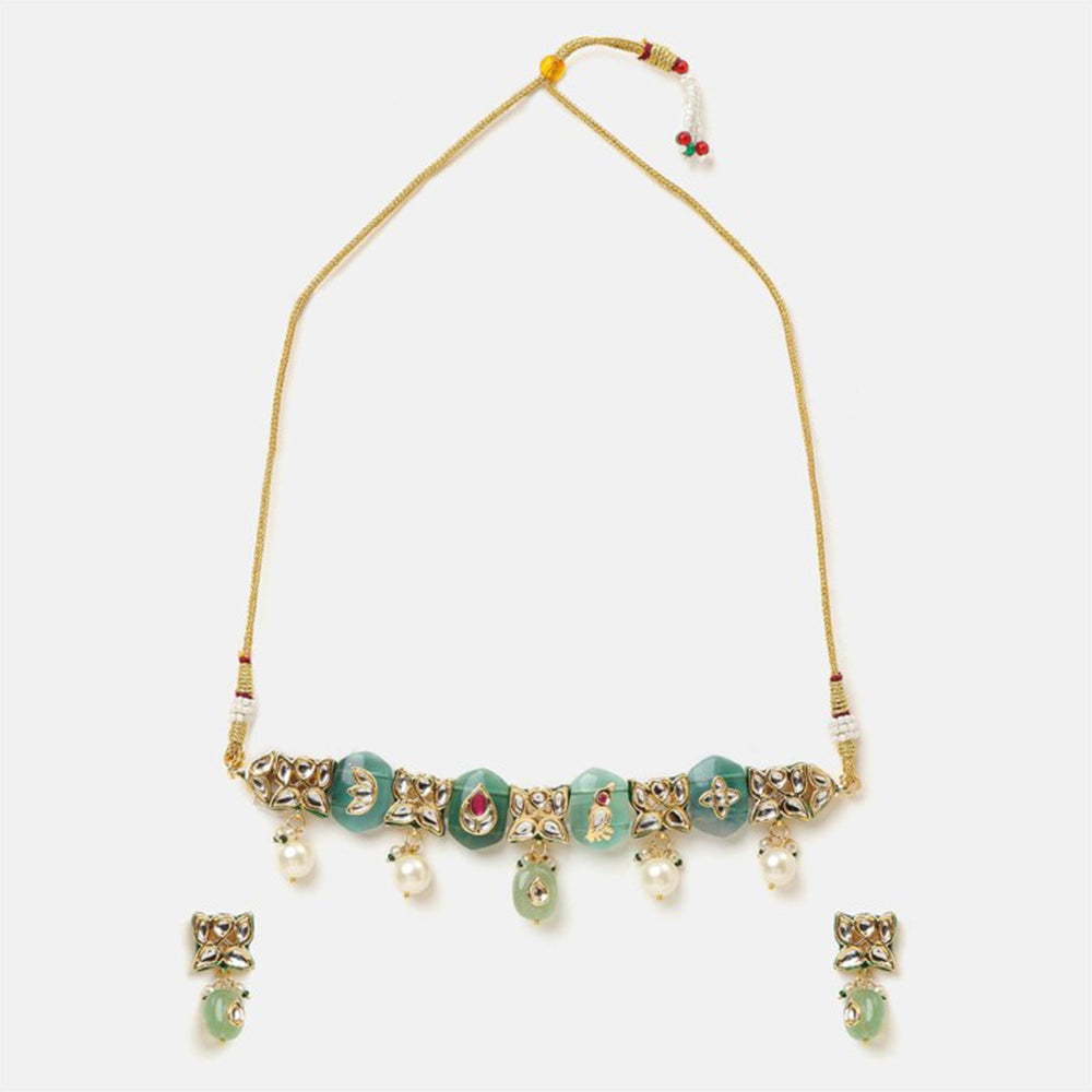 Ruby Raang Studio Antique Kundan Stone Work Kundan Necklace with Earrings