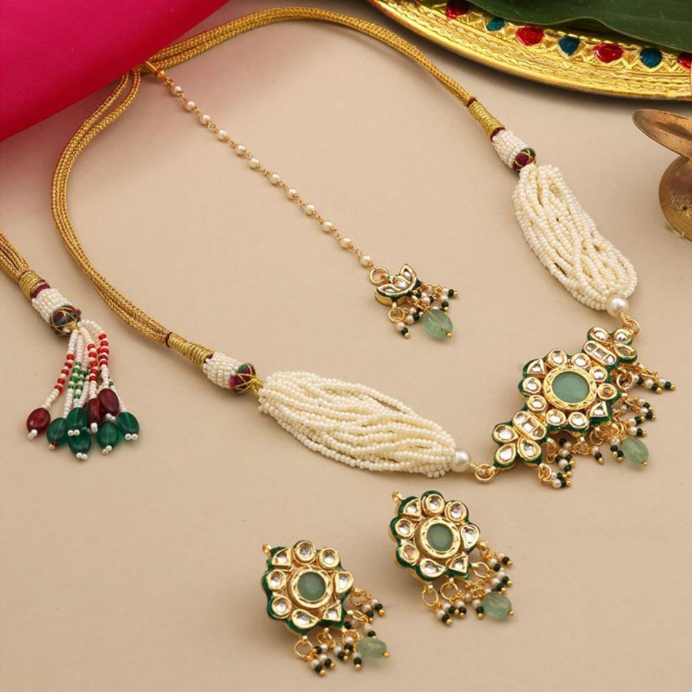 Ruby Raang Studio Green-Gold Kundan Necklace with Earrings and Maang Tikka