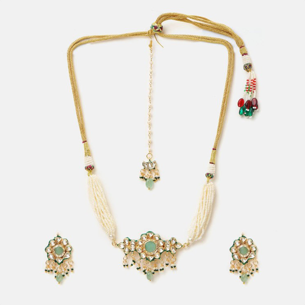 Ruby Raang Studio Green-Gold Kundan Necklace with Earrings and Maang Tikka