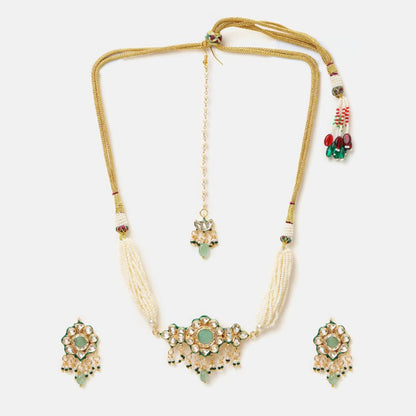 Ruby Raang Studio Green-Gold Kundan Necklace with Earrings and Maang Tikka