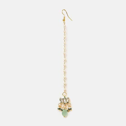 Ruby Raang Studio Green-Gold Kundan Necklace with Earrings and Maang Tikka