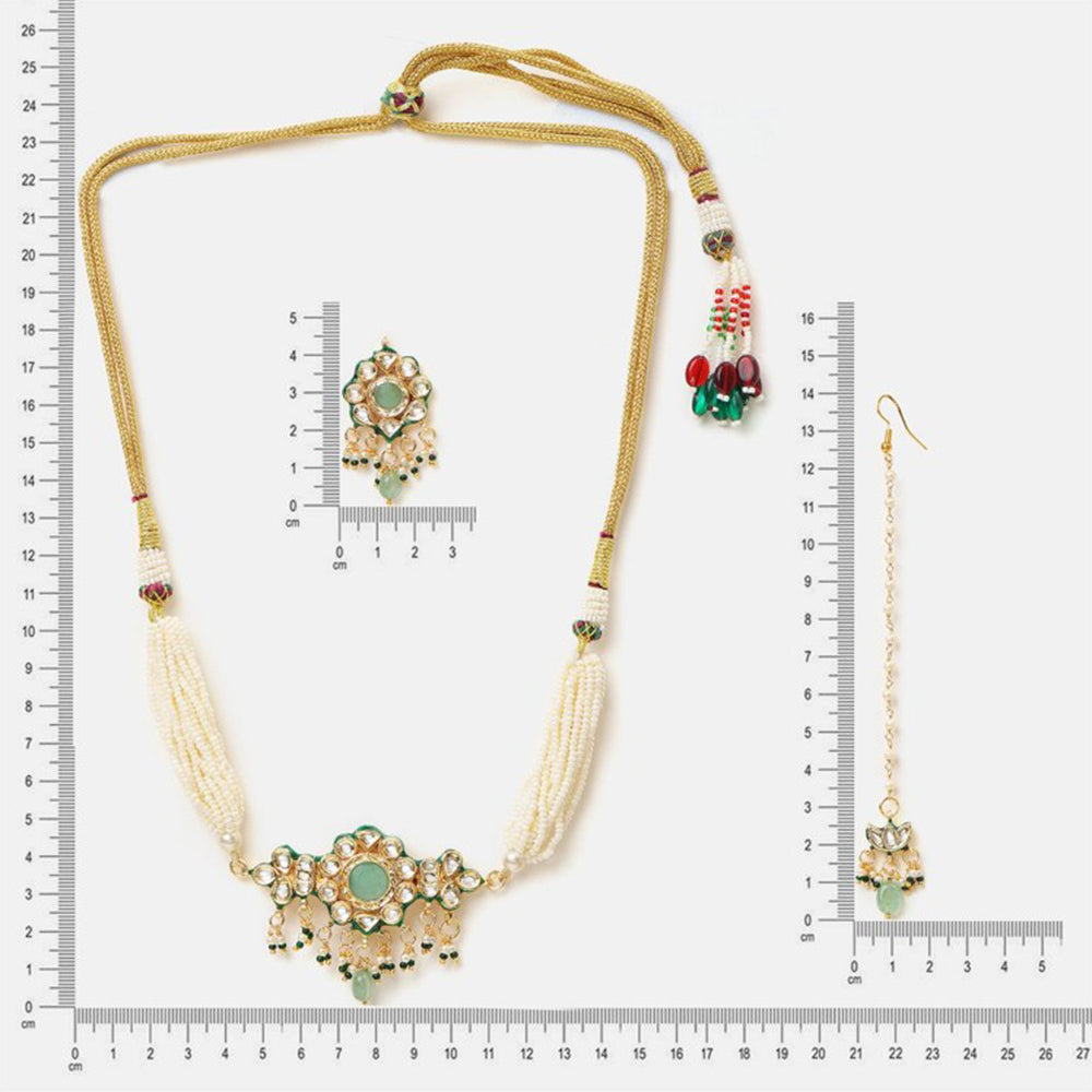 Ruby Raang Studio Green-Gold Kundan Necklace with Earrings and Maang Tikka