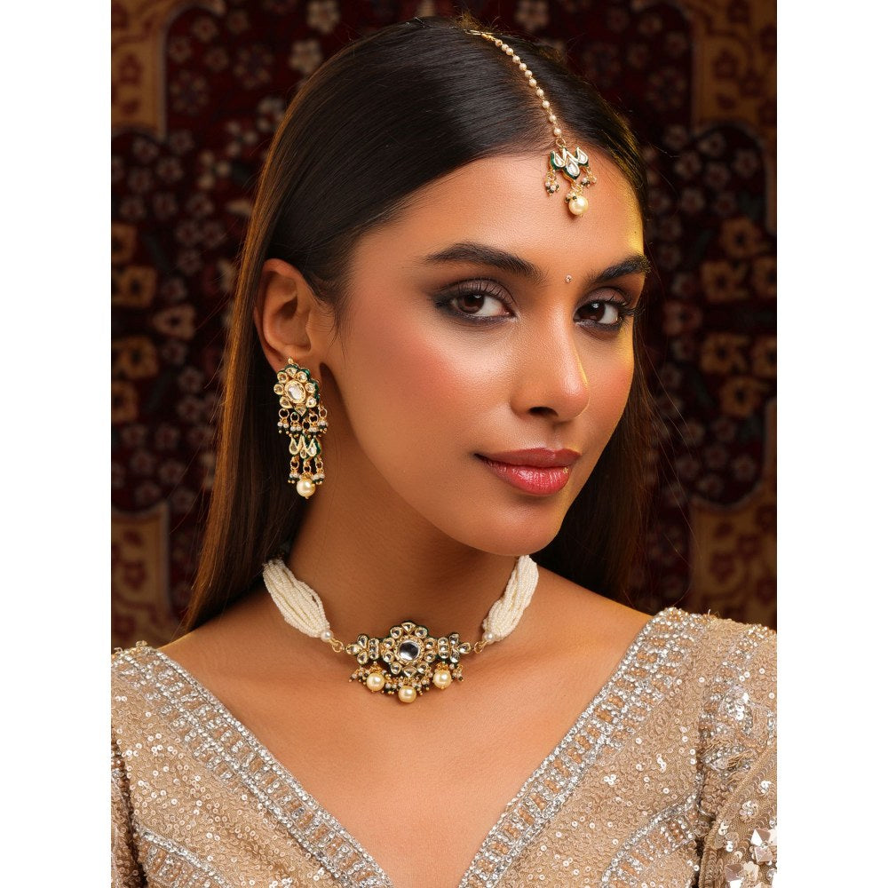 Ruby Raang Studio White Floral Kundan Necklace with Earrings and Maang Tikka