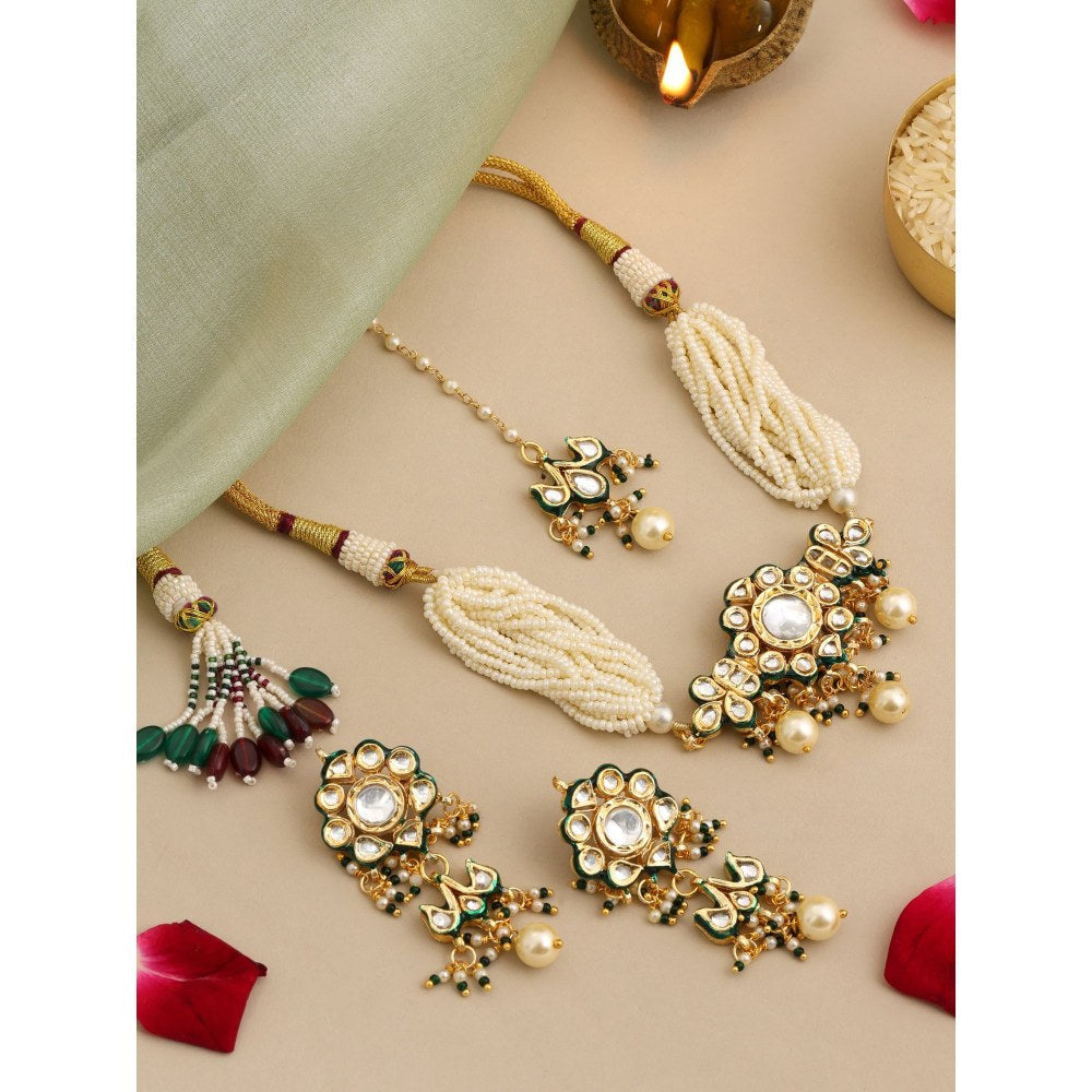 Ruby Raang Studio White Floral Kundan Necklace with Earrings and Maang Tikka