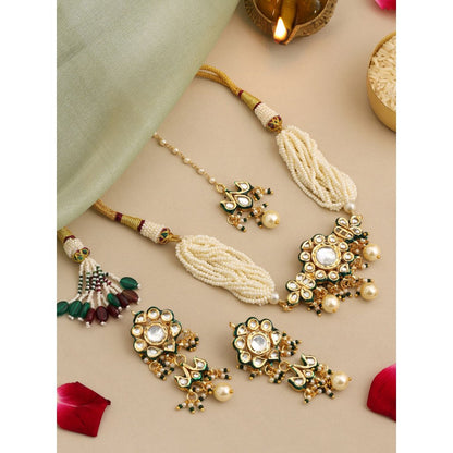 Ruby Raang Studio White Floral Kundan Necklace with Earrings and Maang Tikka