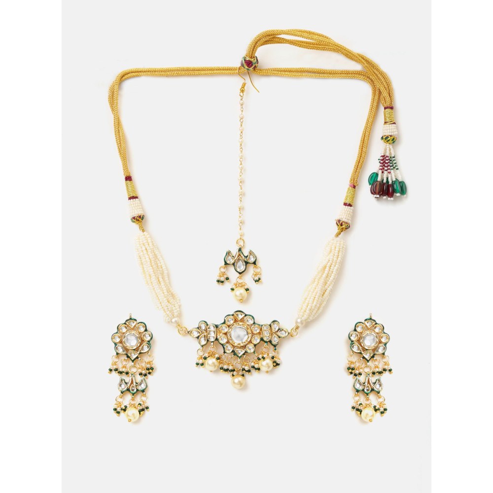 Ruby Raang Studio White Floral Kundan Necklace with Earrings and Maang Tikka