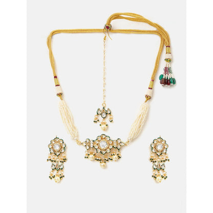 Ruby Raang Studio White Floral Kundan Necklace with Earrings and Maang Tikka