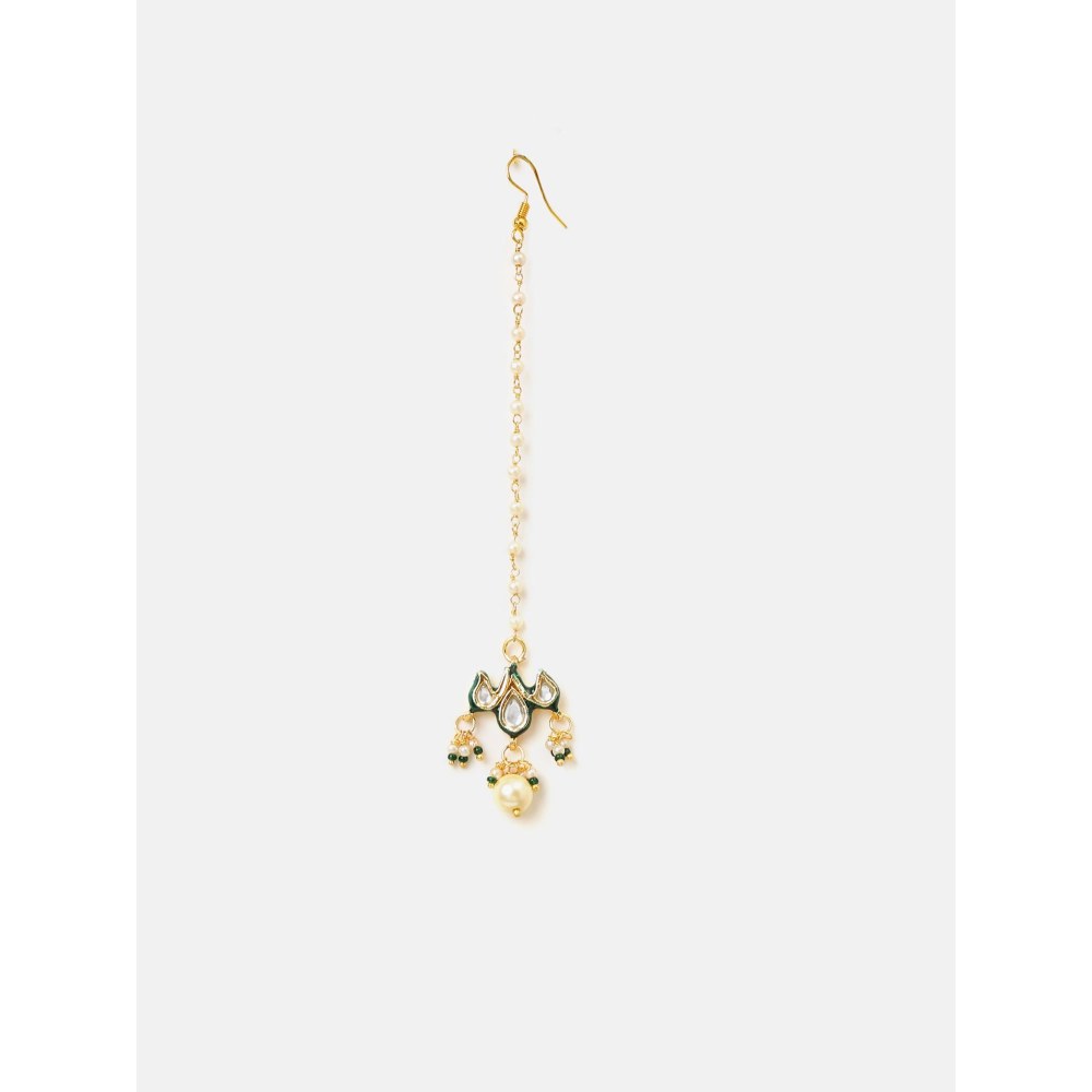 Ruby Raang Studio White Floral Kundan Necklace with Earrings and Maang Tikka