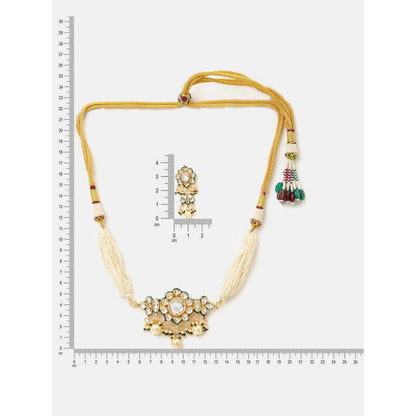 Ruby Raang Studio White Floral Kundan Necklace with Earrings and Maang Tikka
