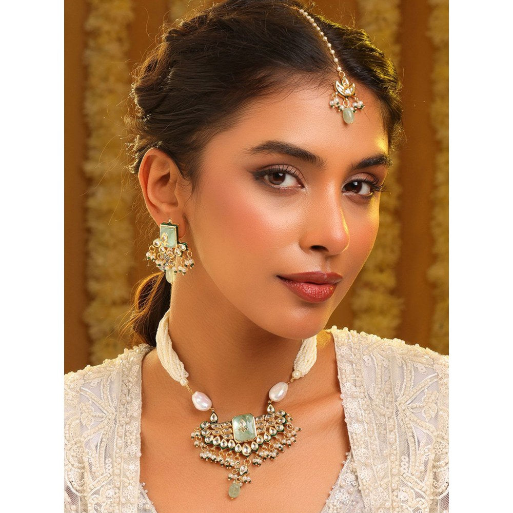 Ruby Raang Studio Pearl Glow Kundan Necklace with Earrings and Maang Tikka