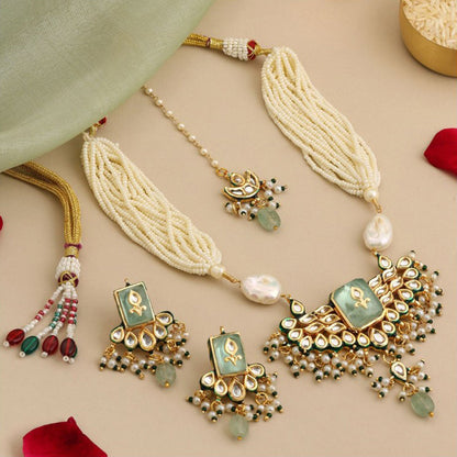 Ruby Raang Studio Pearl Glow Kundan Necklace with Earrings and Maang Tikka