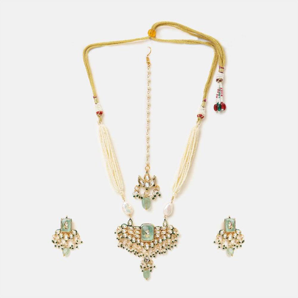 Ruby Raang Studio Pearl Glow Kundan Necklace with Earrings and Maang Tikka