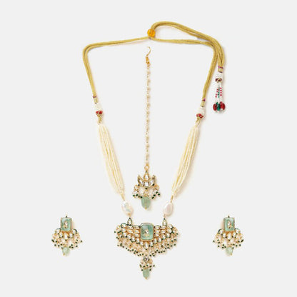 Ruby Raang Studio Pearl Glow Kundan Necklace with Earrings and Maang Tikka