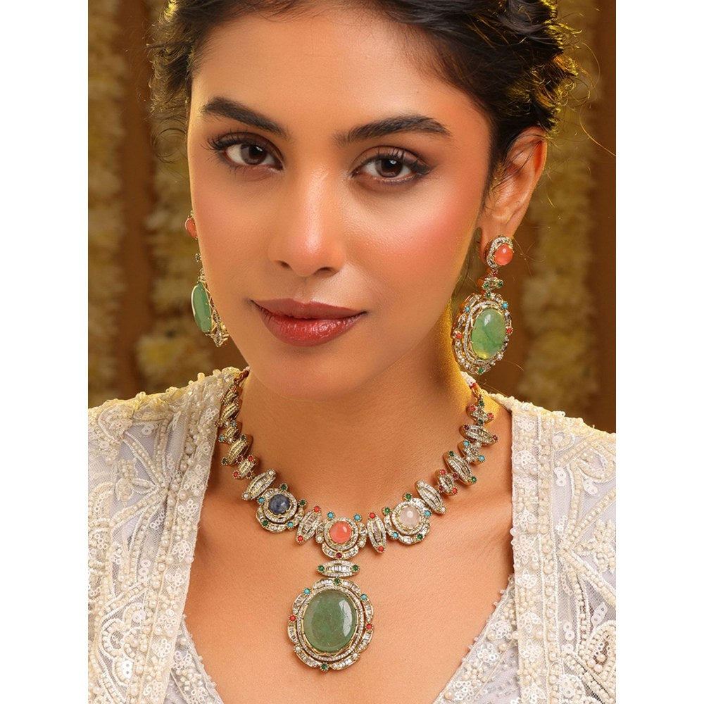 Ruby Raang Studio Navratna Legacy Kundan Necklace with Earrings