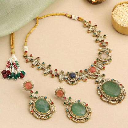 Ruby Raang Studio Navratna Legacy Kundan Necklace with Earrings
