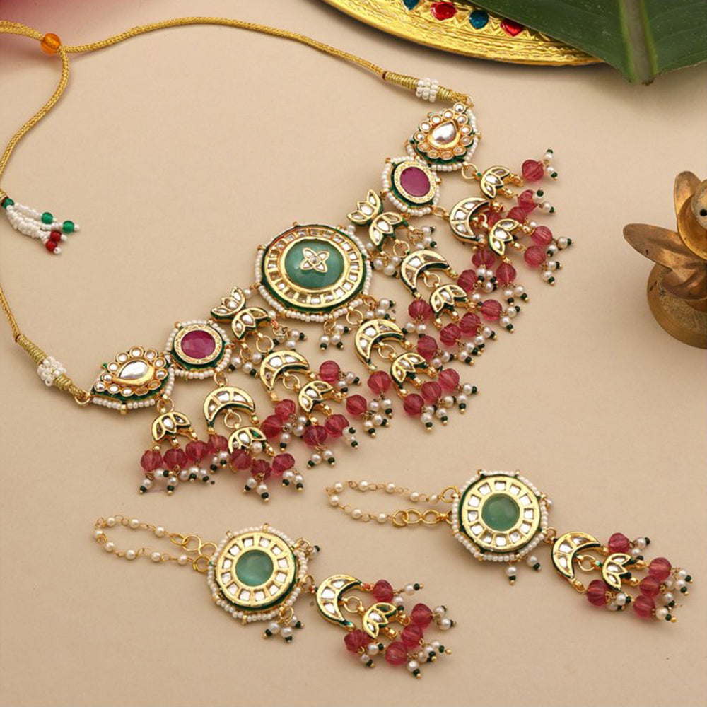 Ruby Raang Studio Kundan Emerald Bloom Kundan Necklace with Earrings